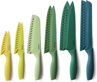 Набор ножей CAROTE 12 шт. с ножнами для ножей, набор ножей для шеф-повара Sharp, устойчивые к царапинам и ржавчине наборы кухонных ножей из нержавеющей стали, антипригарное керамическое покрытие, 6 ножей с 6 защитными кожухами зеленого цвета-12 шт.