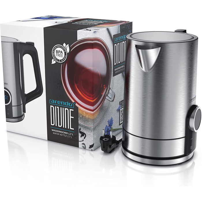 Арендо - лектрический чайник из нержавеющей стали с температурой 40-100 градусов - Светодиоднй дисплей модели DIVINE - 1,7 литра - 2200 Вт - Чайник с индикатором температур - GS