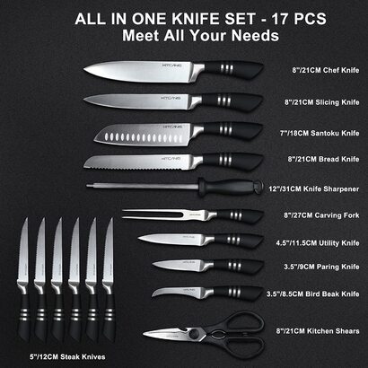 Набор Kitcanis 13 ножей из нержавеющей стали + ножницы + точилка для ножей + вилка, с черной подставкой 