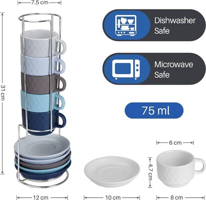 Набор чашек для кофе 75 мл с подставкой, 6 предметов, цвет океан  - Palmanova Collection MIAMIO