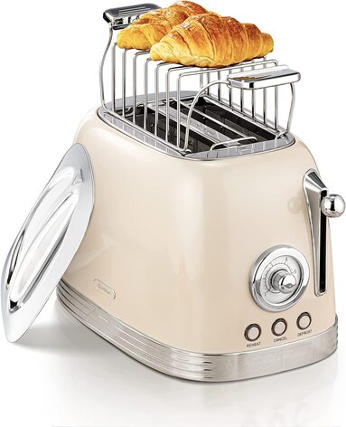 Тостер Wiltal на 2 ломтика, тостер в стиле ретро, Тостер с насадкой для впечки, Тостер с кршкой из нержавеющей стали, функция предварительного нагрева, размораживания и прервания, таймер обратного отсчета, Бстрй тостер(кремово-белй)