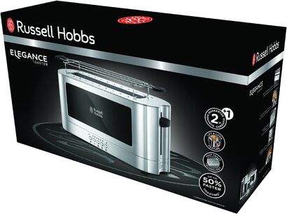 Цифровая кофеварка Russell Hobbs Elegance из нержавеющей стали, функция таймера, до 10 чашек, стекляннй чайник обемом 1,25 л, мощностью 1600 Вт, и тостер с длиннм шлицем из стекла/нержавеющей стали Elegance, в комплекте. Насадка для булочек, 1420 Вт, 2338