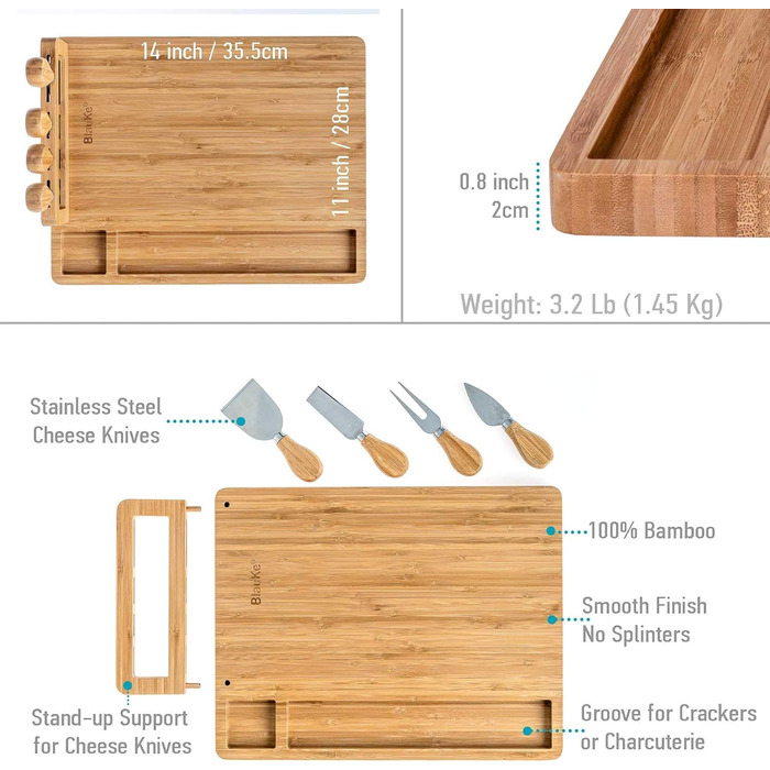 Бамбуковая разделочная доска с набором ножей для сыра 35,5 x 28 см, 5 предметов BlauKe