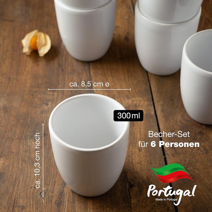 Набор кофейных кружек для кофе 300 мл - Кофейная чашка без ручки из керамики белого цвета - как кружка для капучино Латте Макиато кружка или чайная чашка без ручки - Сделано в Португалии 6 шт. Кружка, 6 шт.
