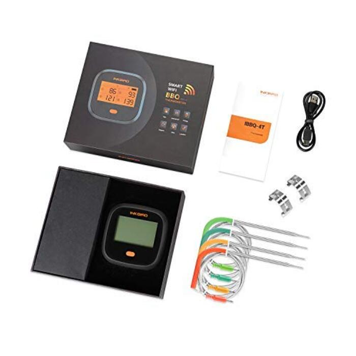 Термометр для гриля Inkbird , Термометр для гриля Wi-Fi IBBQ-4T с защитой от брзг IPX3, Термометр для мяса WiFi с 4 датчиками температур магнитнй держатель, USB-аккумуляторнй термометр для жарки, Чернй для барбекю