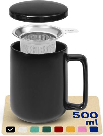 Керамическая чашка с ситечком и крышкой 500 мл, черная Cosumy