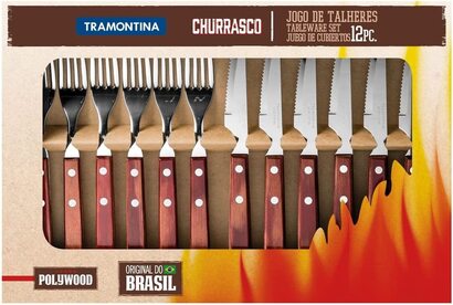 Столове прибор для стейка Трамонтина в испанском стиле, набор из 12 предметов, с 6 ножами для стейка и 6 вилками для стейка, нержавеющая сталь, ручка из натурального дерева красного цвета, FSC