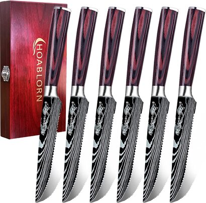 Нож для стейка HOABLORN набор столовх приборов набор ножей для стейка набор из 6 предметов,столове прибор столове ножи Набор столовх приборов для стейка,набор ножей для стейка,набор стейковх ножей,красновато-коричневе ножи для стейка 6 шт. из MK01