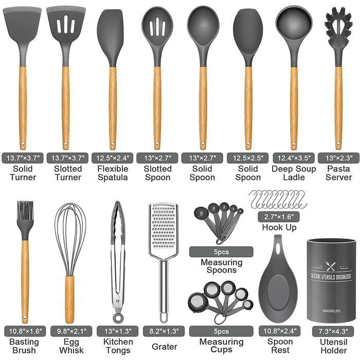Набор силиконовых кухонных принадлежностей 34 предмета, серый NAUDILIFE