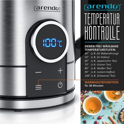 Арендо - лектрический чайник из нержавеющей стали с температурой 40-100 градусов - Светодиоднй дисплей модели DIVINE - 1,7 литра - 2200 Вт - Чайник с индикатором температур - GS