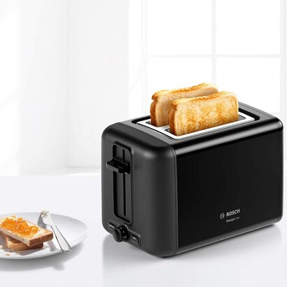 Компактнй тостер Bosch DesignLine TAT3P423DE, встроенная насадка для булочек из нержавеющей стали, с функцией автоматического отключения, с функцией размораживания, идеально подходит для 2 ломтиков тоста, с функцией подема, широкий, мощностью 970 Вт, один