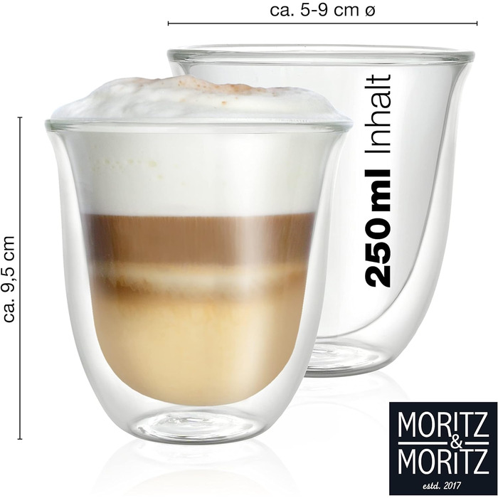 Бокалы для капучино Moritz & Moritz Двустенные 6 шт. Бокалы с двойными стенками для кофе, чая или десерта - Стаканы для кофе с двойными стенками, пригодные для мытья в посудомоечной машине 6 250 мл