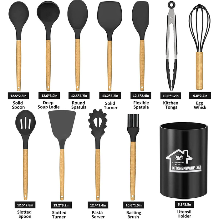 Набор силиконовых кухонных принадлежностей 12 предметов, чёрный NAUDILIFE