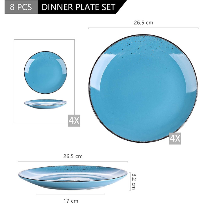 Набор обеденных тарелок 8 предметов, светло-синий Vancasso