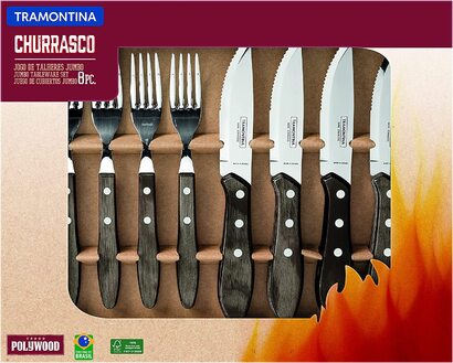 Большой набор столовх приборов для стейка Tramontina 29899-263, набор из 8 предметов, 4 ножа для стейка и 4 вилки для стейка, AISI 420, нержавеющая сталь, ручка из натурального дерева, 25
