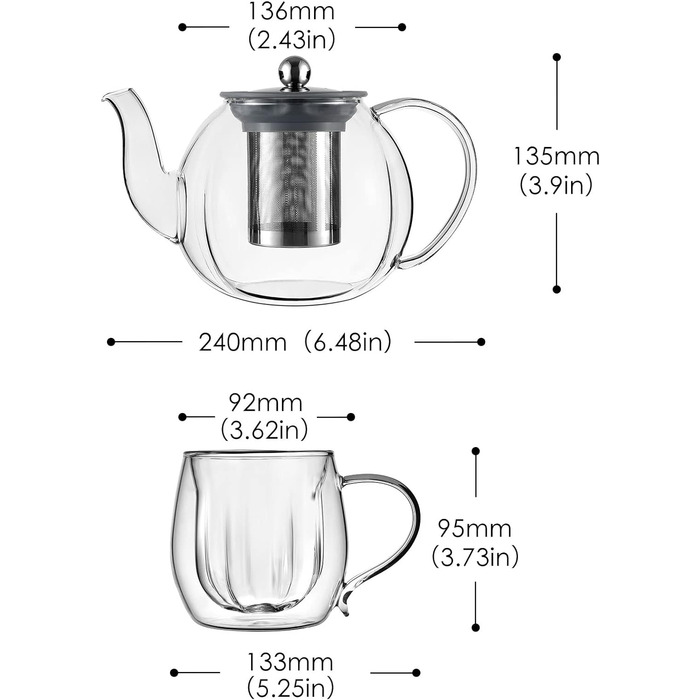 Заварный чайник 1000 мл с 2 чашками vzaahu