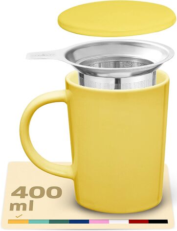 Керамическая чашка с ситечком и крышкой 400 мл, желтая Cosumy