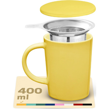 Керамическая чашка с ситечком и крышкой 400 мл, желтая Cosumy 