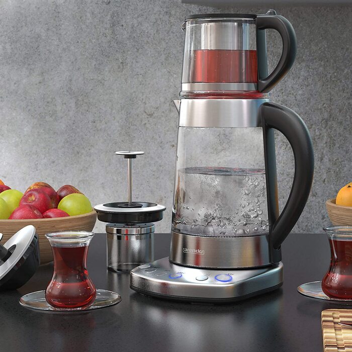 Стекляннй чайник Arendo с регулировкой температур и ситечком для чая с насадкой - Чайник для приготовления турецкого чая - Нержавеющая сталь - Температура 70, 80, 100 градусов - 1,7 литра - 2400 Вт - Автоматическое отключение