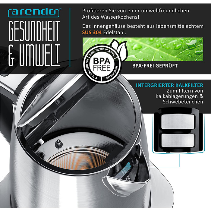 Арендо - лектрический чайник из нержавеющей стали с регулировкой температур - 2200 Вт - 1,7 литра - Датчик температур на ручке - Известковй фильтр - Функция поддержания температур - Основание на 360 - Индикатор уровня вод - Проверенная безопасность