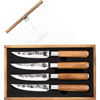 Кованй нож для стейка из оливок, 4 части, ручной работ, в деревянной коробке