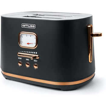 Чернй ретро-дизайн тостера Muse из нержавеющей стали, аналоговй дисплей, кнопки с подсветкой, 6 ступеней обжаривания, 2 ломтика, MS-130 BC, винтажнй вид, с вдвижнм ящиком для крошек