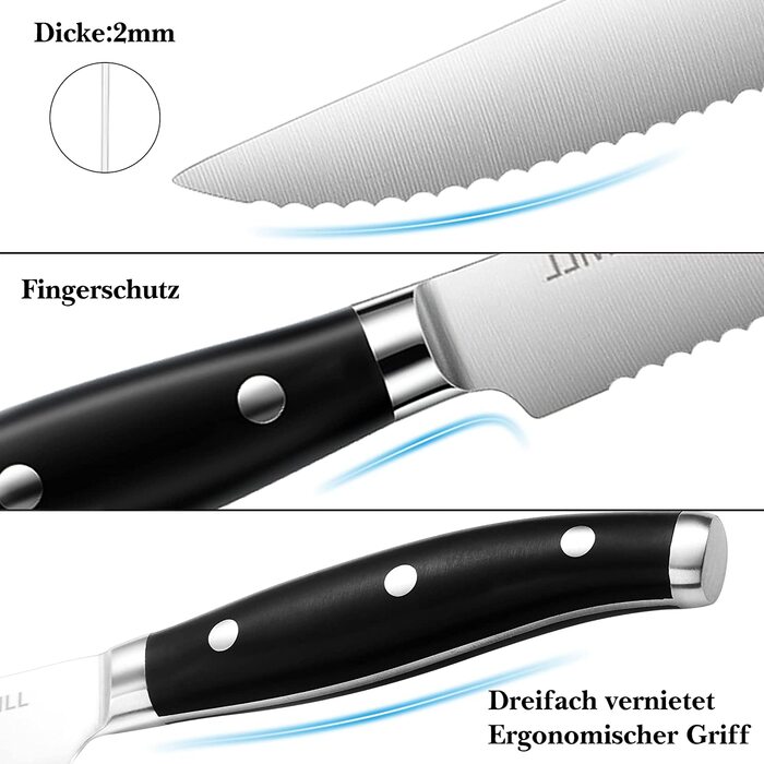 Набор ножей для стейка PICKWILL из 8 предметов, сверхострй зубчатй нож для стейка, всококачественнй нож для стейка из немецкой нержавеющей стали, ргономичная ручка из АБС-пластика, столовй нож для пицц для дома с подарочной коробкой из АБС-пластика с черн