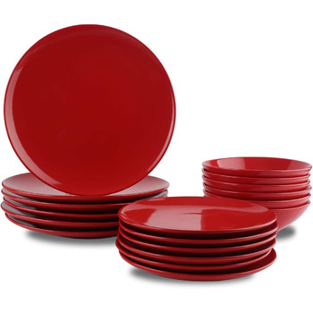 Набор керамических тарелок Amazon Basics на 6 человек, 18 предметов, пожарно-красный 