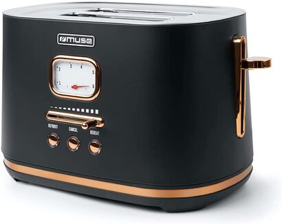 Чернй ретро-дизайн тостера Muse из нержавеющей стали, аналоговй дисплей, кнопки с подсветкой, 6 ступеней обжаривания, 2 ломтика, MS-130 BC, винтажнй вид, с вдвижнм ящиком для крошек