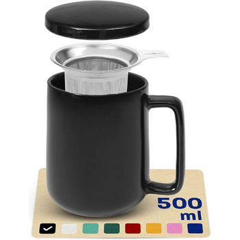 Керамическая чашка с ситечком и крышкой 500 мл, черная Cosumy 