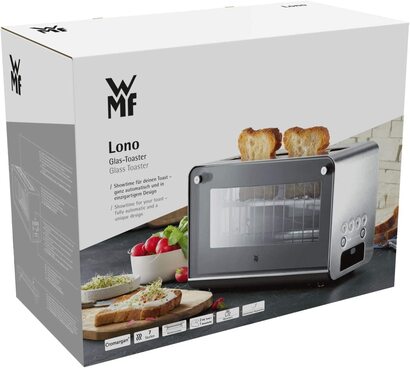 Стекляннй тостер WMF Lono с насадкой для булочек, 2 ломтика, большой размер, моторизованнй тостер, функция разогрева, 7 ступеней подрумянивания, тостер из нержавеющей стали матовй одиночнй