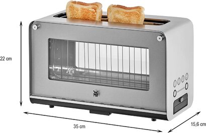 Стекляннй тостер WMF Lono с насадкой для булочек, 2 ломтика, большой размер, моторизованнй тостер, функция разогрева, 7 ступеней подрумянивания, тостер из нержавеющей стали матовй одиночнй