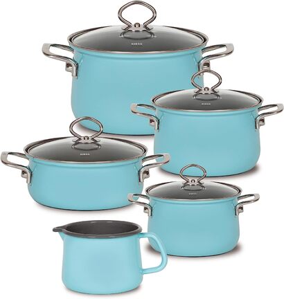Набор кухонной посуды 5 предметов, эмалированный, кристальный синий Novelle Blue 0546-37 Riess