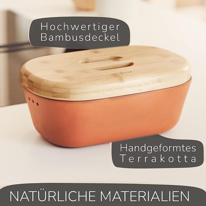 Керамическая хлебница Steinzeit Medium - Terracotta с бамбуковой крышкой, 30 x 18 x 13 см