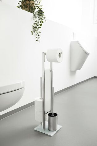 Туалетный набор со встроенным держателем для туалетной бумаги и держателем для ершика для унитаза, из нержавеющей стали, 23 x 70 x 18 см, матовый серебристый  WENKO Stand Rivalta