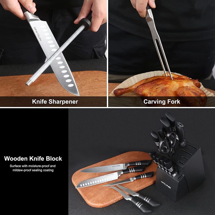 Набор Kitcanis 13 ножей из нержавеющей стали + ножницы + точилка для ножей + вилка, с черной подставкой 