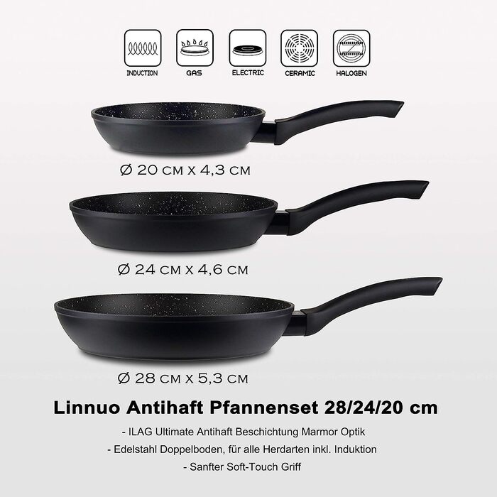 Набор из 3 индукционных сковород с антипригарным покрытием Linnuo 