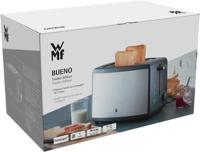 Тостер WMF Bueno Edition 2 ломтика из нержавеющей стали, двухслойнй тостер с насадкой для булочек, 2 ломтика, 7 ступеней подрумянивания, 800 Вт, матовая нержавеющая сталь