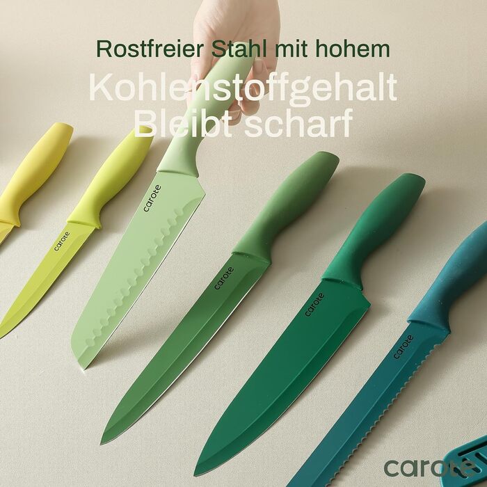Набор ножей CAROTE 12 шт. с ножнами для ножей, набор ножей для шеф-повара Sharp, устойчивые к царапинам и ржавчине наборы кухонных ножей из нержавеющей стали, антипригарное керамическое покрытие, 6 ножей с 6 защитными кожухами зеленого цвета-12 шт.