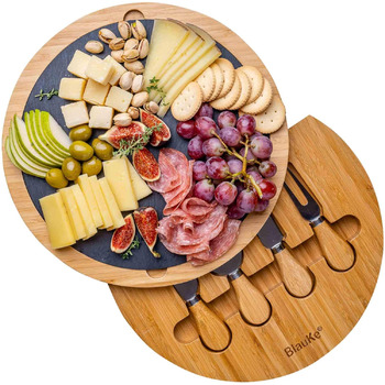 Бамбуковая разделочная доска с набором ножей для сыра и грифельной тарелкой 30 см, 7 предметов BlauKe