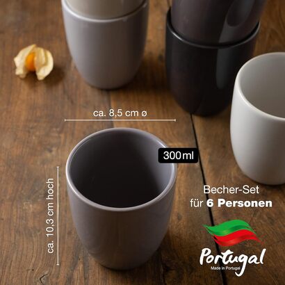 Набор качелейных кофейных кружек 300 мл Кофейная чашка без ручки из серой керамики как кружка для капучино Кружка латте макиато или чайная чашка без ручки Сделано в Португалии 6 шт. Кружка, 6 шт.