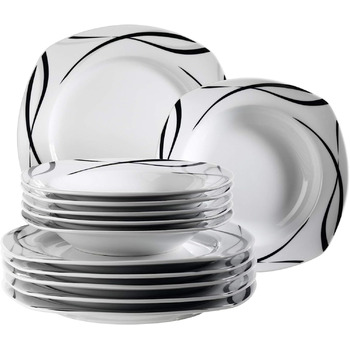 Серия Mser 920673 Oslo, набор тарелок из 12 предметов на 6 персон из фарфора, обеденнй сервиз классический, неподвластнй времени, легантнй, черно-белй сервиз 12 шт.