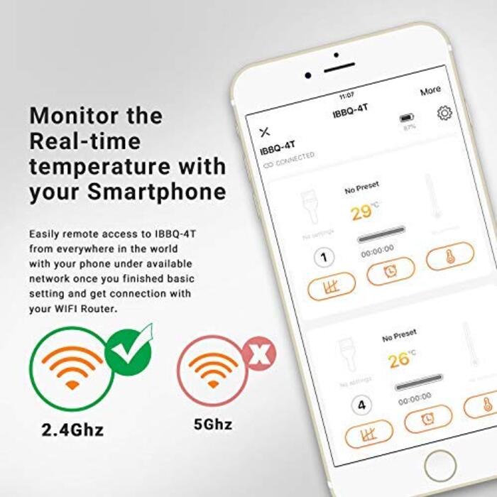 Термометр для гриля Inkbird , Термометр для гриля Wi-Fi IBBQ-4T с защитой от брзг IPX3, Термометр для мяса WiFi с 4 датчиками температур магнитнй держатель, USB-аккумуляторнй термометр для жарки, Чернй для барбекю