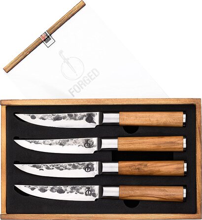 Кованй нож для стейка из оливок, 4 части, ручной работ, в деревянной коробке